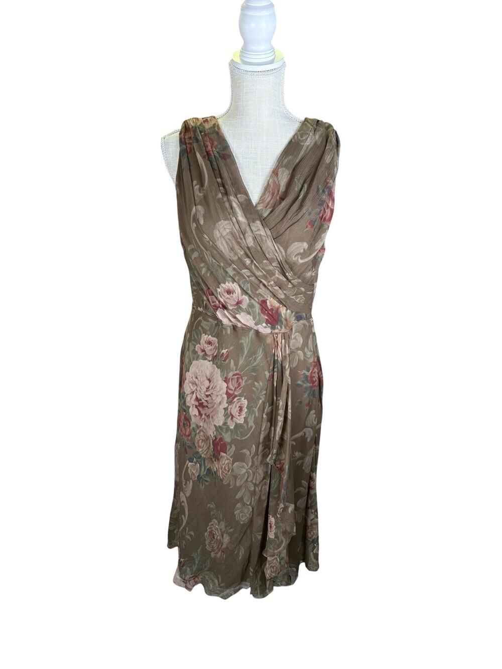Vintage Lauren Ralph Lauren Silk Floral Midi Dress Women's 10 Brown Faux Wrap